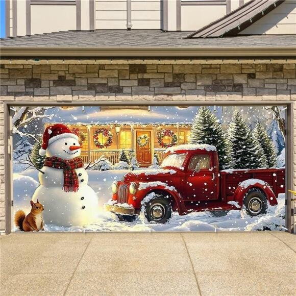 Snowman & Red Truck Christmas Garage Door Cover - Large Winter Holiday Decor